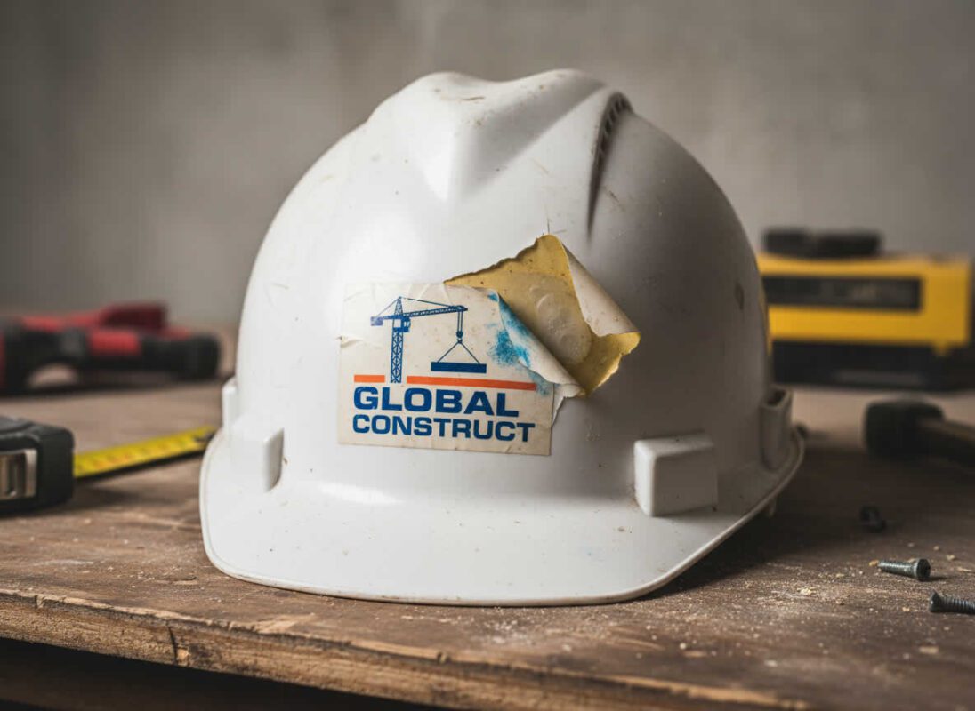 工事用のヘルメットに貼った会社のロゴがはがれている